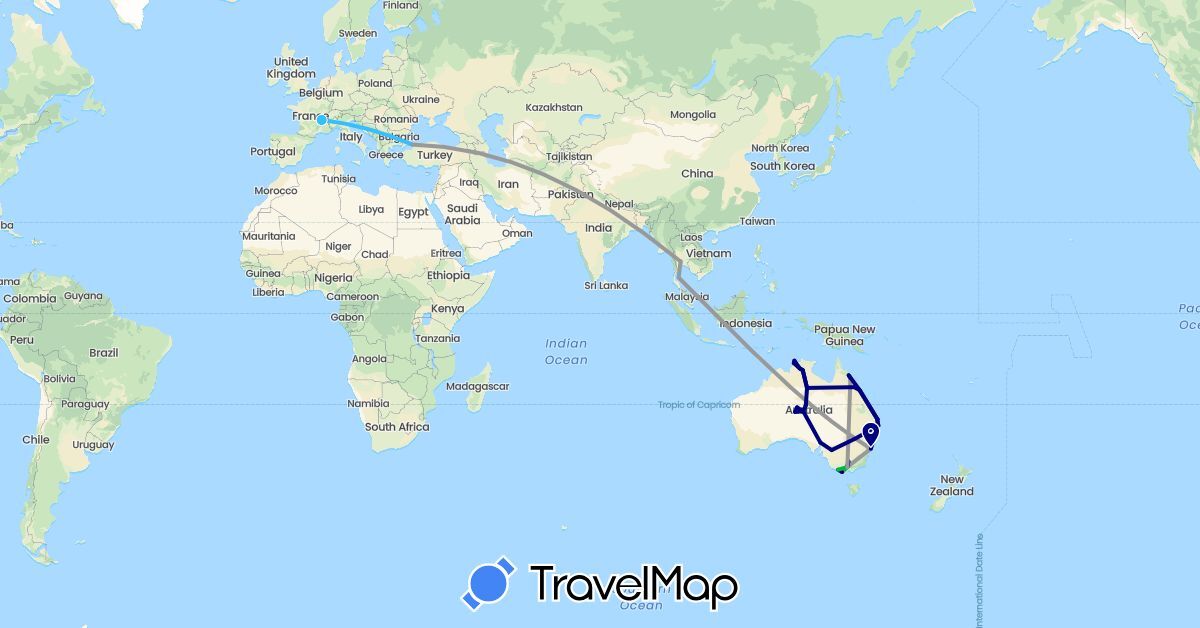 TravelMap itinerary: driving, bus, plane, hiking, boat in Australia, France, Thailand, Turkey (Asia, Europe, Oceania)